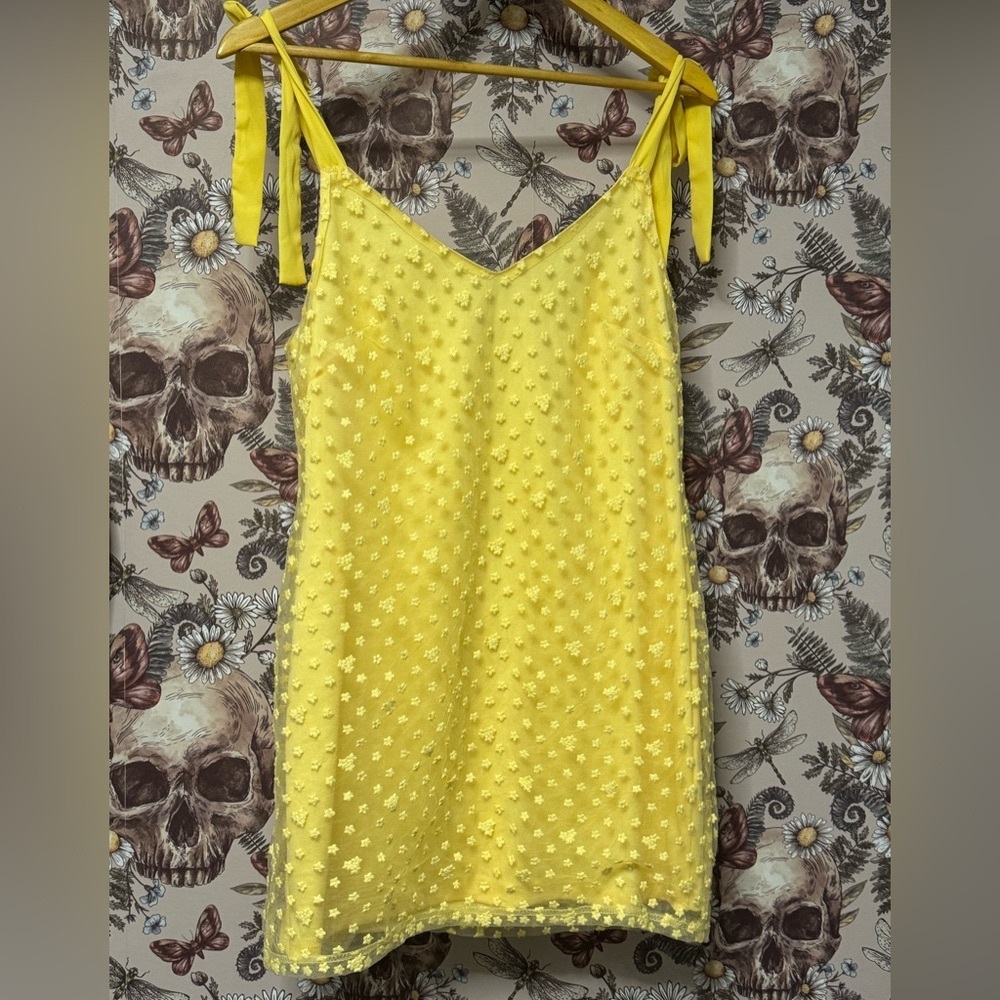 NWT Francesca’s Blue Rain yellow puff flower dress